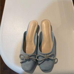 Light Blue Suede Slip-On Mules with Crystal Bow